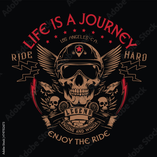 Life is a journey.Vintage Skull Riders with Wings and Pistons Emblem design t-shirts Vector Illustration 