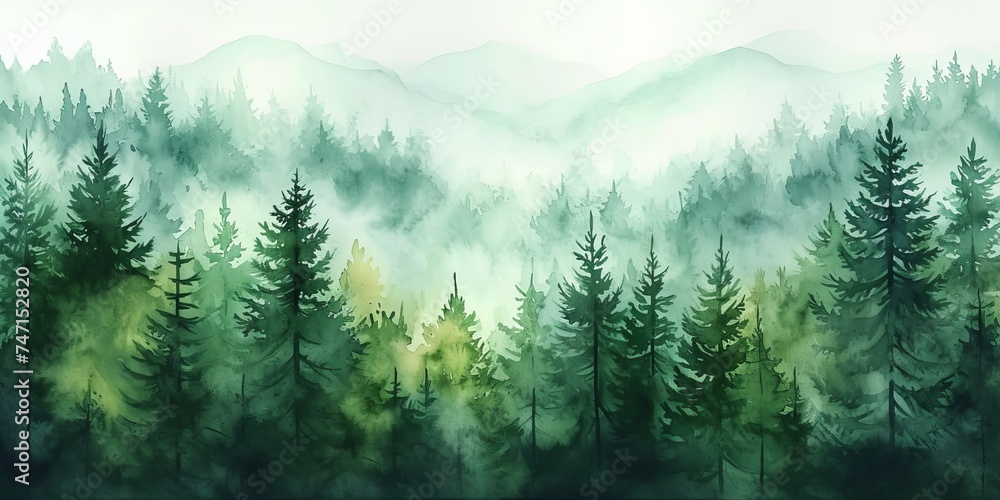Watercolor painting of green forest woods trees, hand drawn fir and spruce trees, landscape .background illustration, Generative AI - obrazy, fototapety, plakaty 