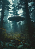 A very remote forest flown over by a ufo in horror style 