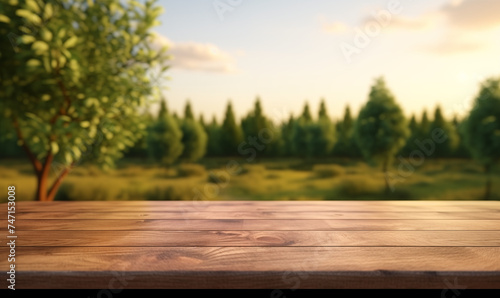 Empty wooden tabletop against beautiful landscape, meadow and forest, generated by ai © emilio100