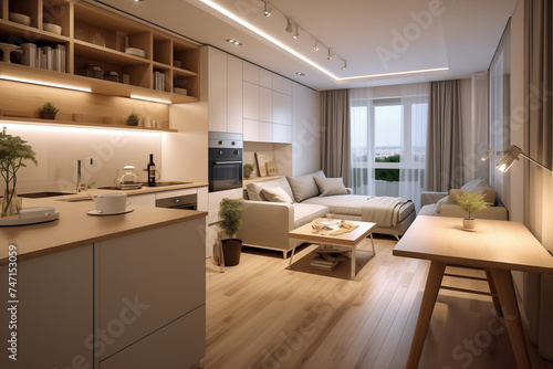 interior design for apartment with  a small kitchen and living room photo