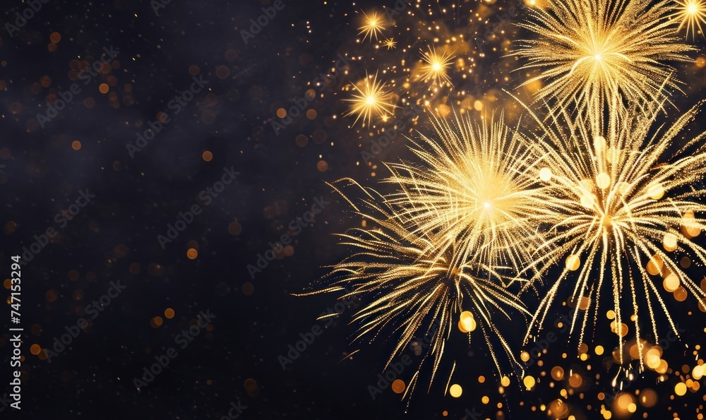 Silvester 2024, New Year's Eve, New Year, Festival Party celebration holiday background - Golden firework fireworks on dark night sky, Generative AI