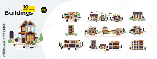 Houses types line cartoon flat illustration bundle. Modern residential buildings 2D lineart objects isolated on white background. Home dwelling exterior living outdoor vector color image collection