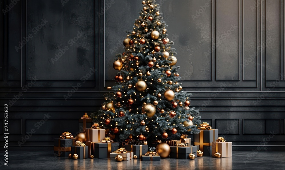 Merry Christmas holiday celebration greeting card background. Modern christmas tree with golden noble luxurious baubles and presents on floor. Generative AI
