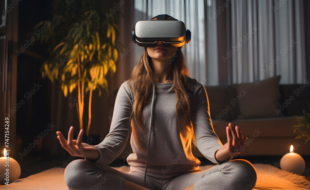 Young woman doing yoga with VR glasses. VR and modern technology concept Young woman doing yoga with VR glasses. VR and modern technology concept