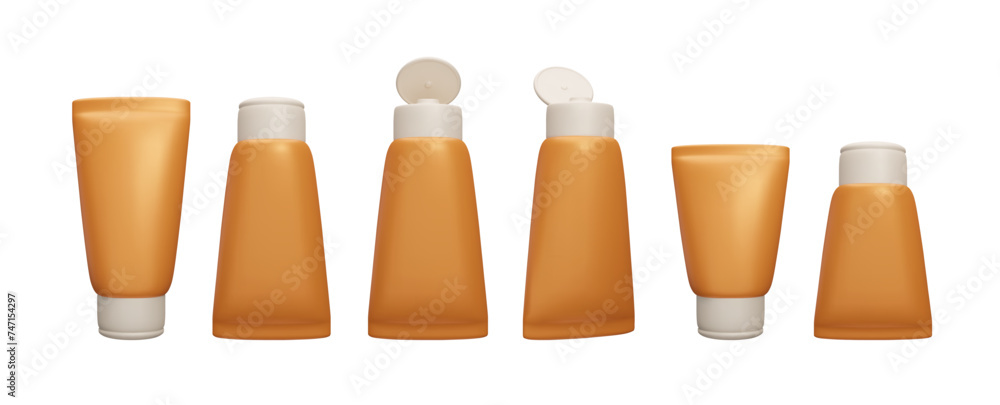 3D set of different realistic sunscreen bottles isolated on white. Orange SPF sun safety cream packaging realistic 3D vector illustration. Summer skincare, UV lights protection, sunblock cosmetics. 3D set of different realistic sunscreen bottles isolated on white. Orange SPF sun safety cream packaging realistic 3D vector illustration. Summer skincare, UV lights protection, sunblock cosmetics.
