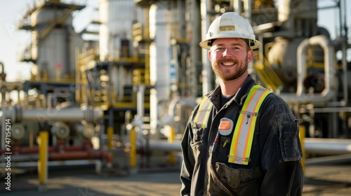 Full body photo of handsome male worker in professional clean brand new workwear on oil and gas refinery plant, bright daylight © shooreeq