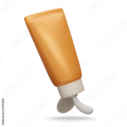 Realistic 3D sunscreen cream tube squeezing sunscreen cream isolated on white. Sun safety, uv lights protection, summer skincare cosmetic product. Orange 3D SPF lotion vector illustration.