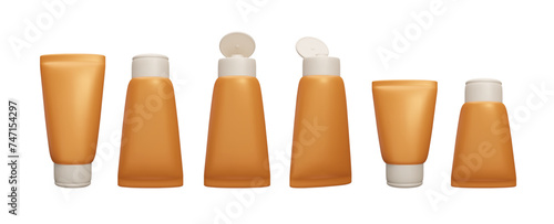 3D set of different realistic sunscreen bottles isolated on white. Orange SPF sun safety cream packaging realistic 3D vector illustration. Summer skincare, UV lights protection, sunblock cosmetics.