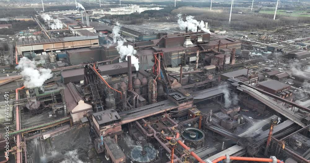 Heavy industry, metal works balst funace in Ghent Belgium. Close up aerial drone view on installation. Steelworks factory and equipment. Heavy industry, metal works balst funace in Ghent Belgium. Close up aerial drone view on installation. Steelworks factory and equipment.