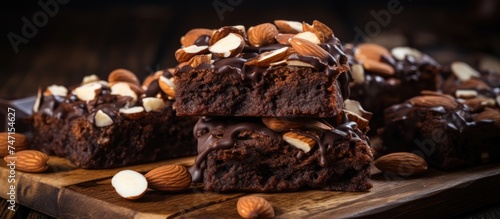 A collection of rich chocolate brownies topped with almonds is displayed on a sturdy wooden cutting board.