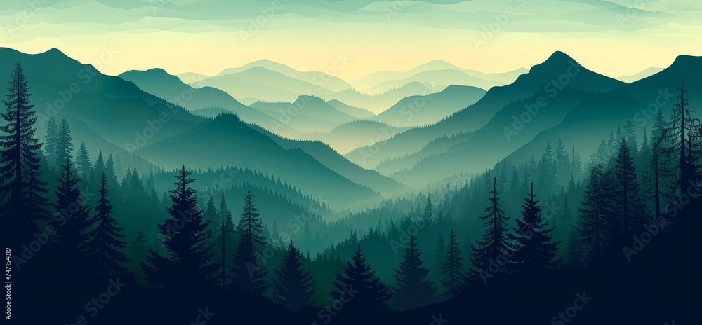 Obraz premium Landscape forest mountains nature adventure travel background panorama. Illustration of dark green silhouette of valley view of forest fir trees and mountains peak. Generative AI