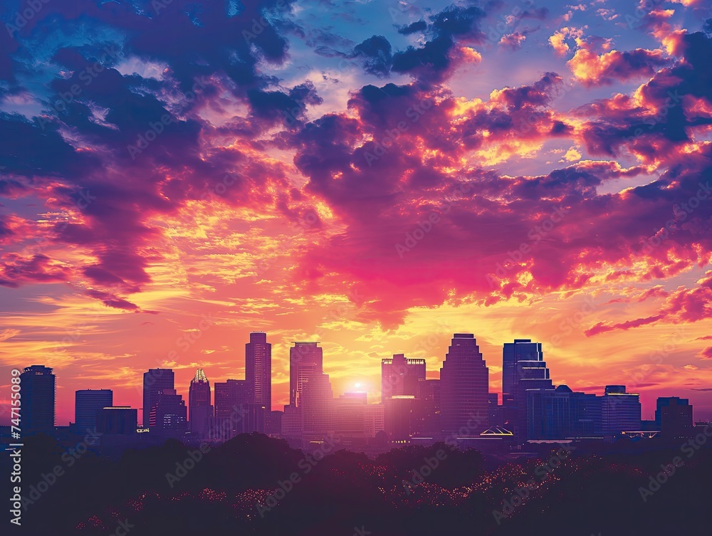 Silhouette of a city skyline against the dramatic backdrop of a colorful sunrise or sunset sky Silhouette of a city skyline against the dramatic backdrop of a colorful sunrise or sunset sky