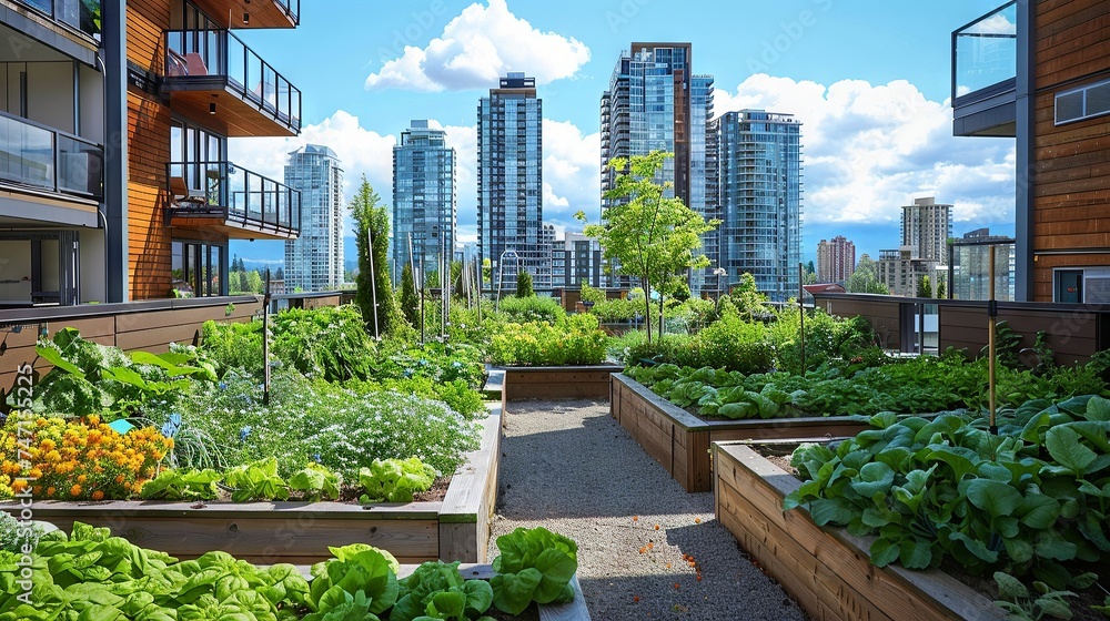 A green rooftop garden flourishing in an urban setting, against a stunning cityscape backdrop, symbolizing an eco-conscious initiative towards sustainable urban living.


