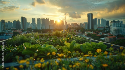 A green rooftop garden flourishing in an urban setting, against a stunning cityscape backdrop, symbolizing an eco-conscious initiative towards sustainable urban living.