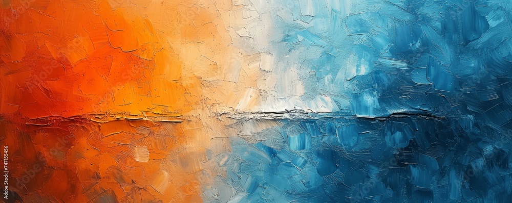 Closeup of abstract rough colorful orange blue art painting texture, with oil brushstroke, pallet knife paint on canvas, complementary colors, Generative AI