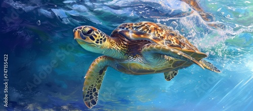 A Tranquil Scene of a Graceful Turtle Swimming in the Deep Blue Ocean