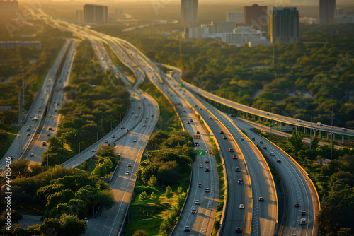 Aerial view busy highway cutting through the urban landscape of a city. Multiple lanes of traffic are visible, with cars and trucks moving in various directions