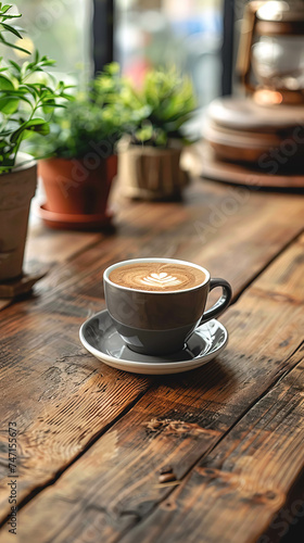 Ceramic cup of natural coffee on a natural wooden tabletop with plants.
