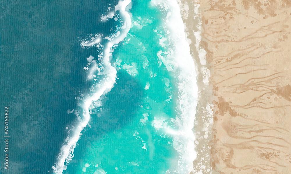 Beach. Sea. The surf. Top view, drawn with brush strokes. The effect of painting with watercolor Beach. Sea. The surf. Top view, drawn with brush strokes. The effect of painting with watercolor