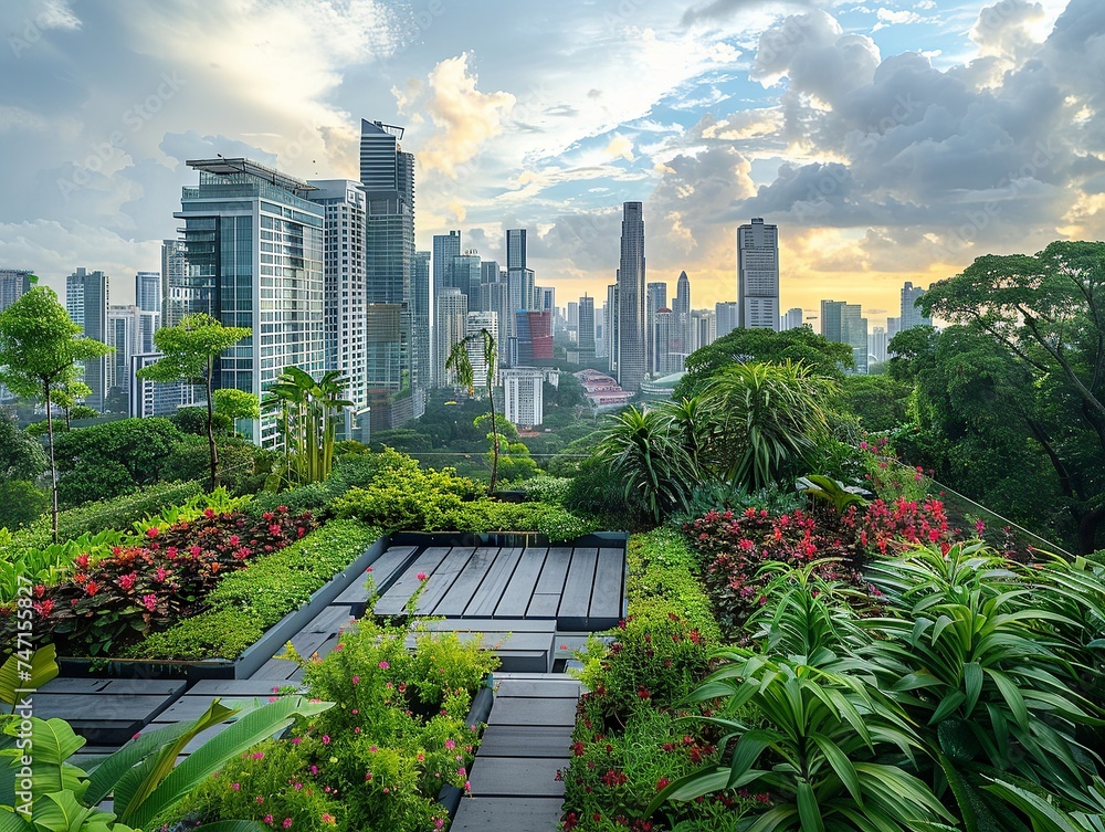 Fototapeta premium Green Rooftop Garden with Cityscape Backdrop