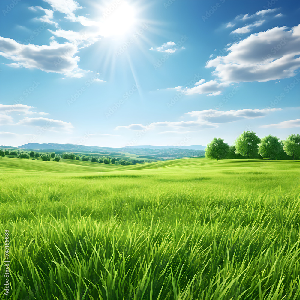 clean green landscape with grass and blue sky on a sunny day. photorealistic with copy space