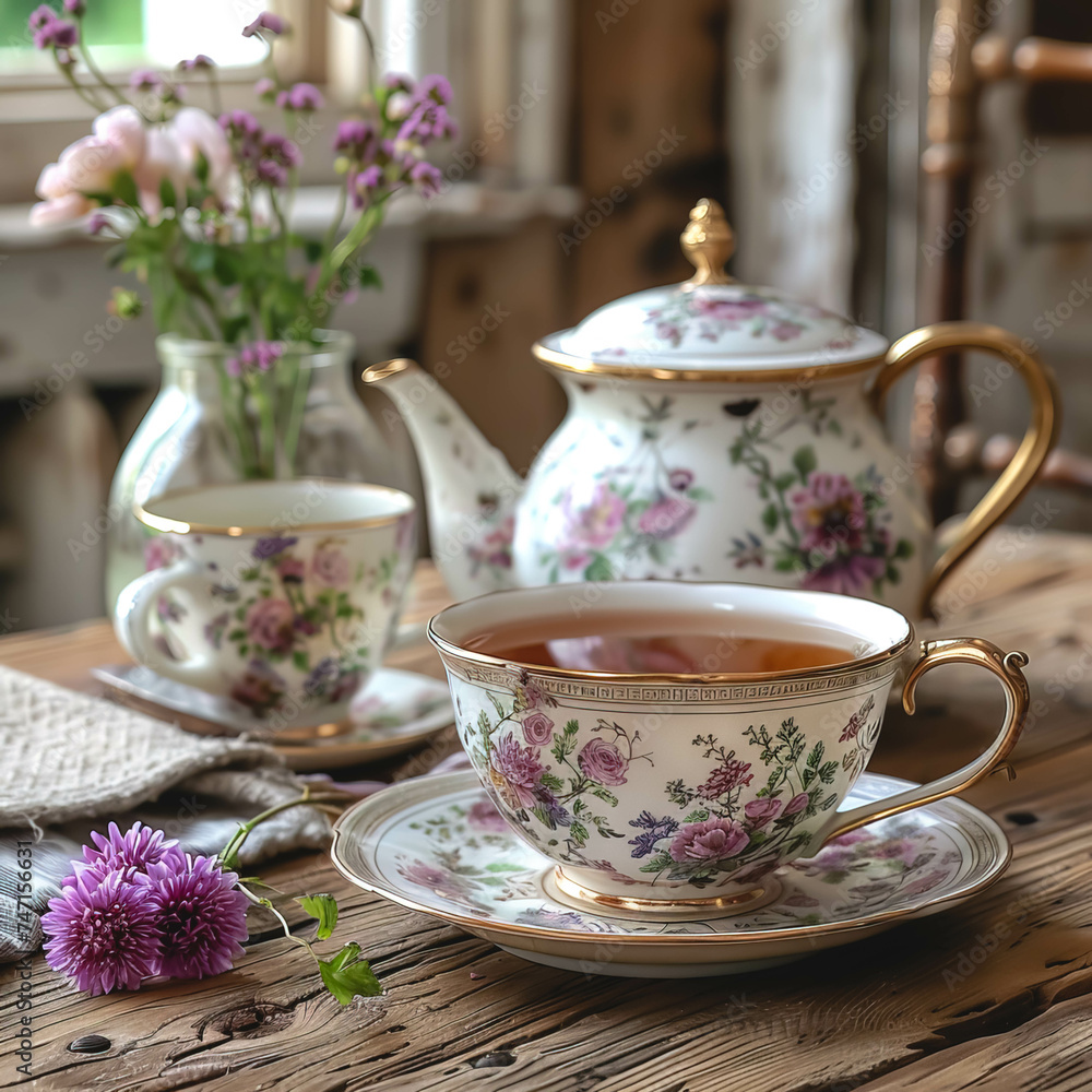 Cup of tea and a teapot on a wooden background, vintage tea set. Cup of tea and a teapot on a wooden background, vintage tea set.