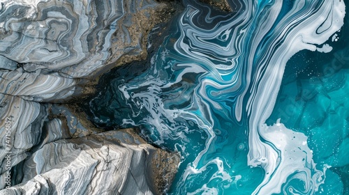 Aerial View of Marble Textures Intersecting with Ocean Tides
