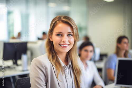 Portrait of a smiling professional businesswoman in a office with computers and people