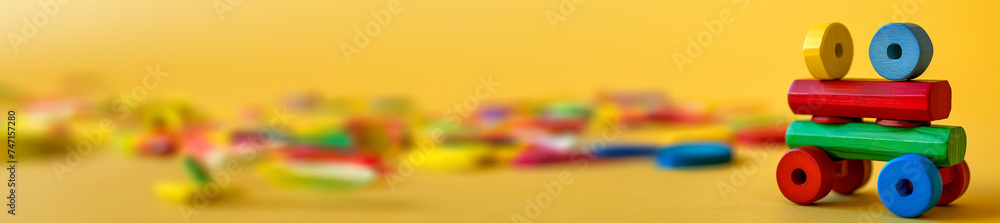 Farbenfrohes Holzspielzeug: Kreatives Spiel vor einem bunten Hintergrund - obrazy, fototapety, plakaty 