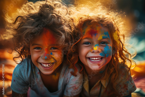 Happy children with colorful face enjoy at holi color festival