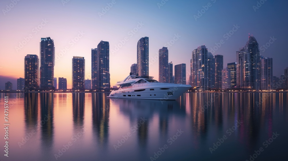 Luxury Yacht Anchored Against a Serene Cityscape at Dusk