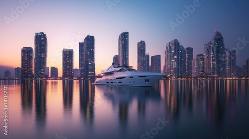 Luxury Yacht Anchored Against a Serene Cityscape at Dusk © leftmade
