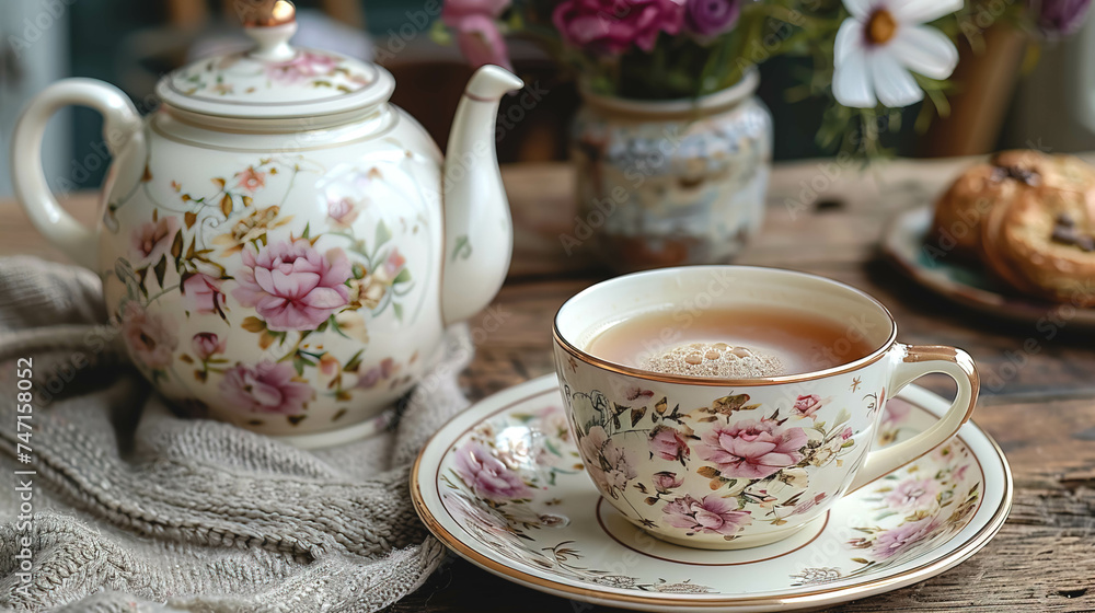 Cup of tea and a teapot on a wooden background, vintage tea set. Cup of tea and a teapot on a wooden background, vintage tea set.