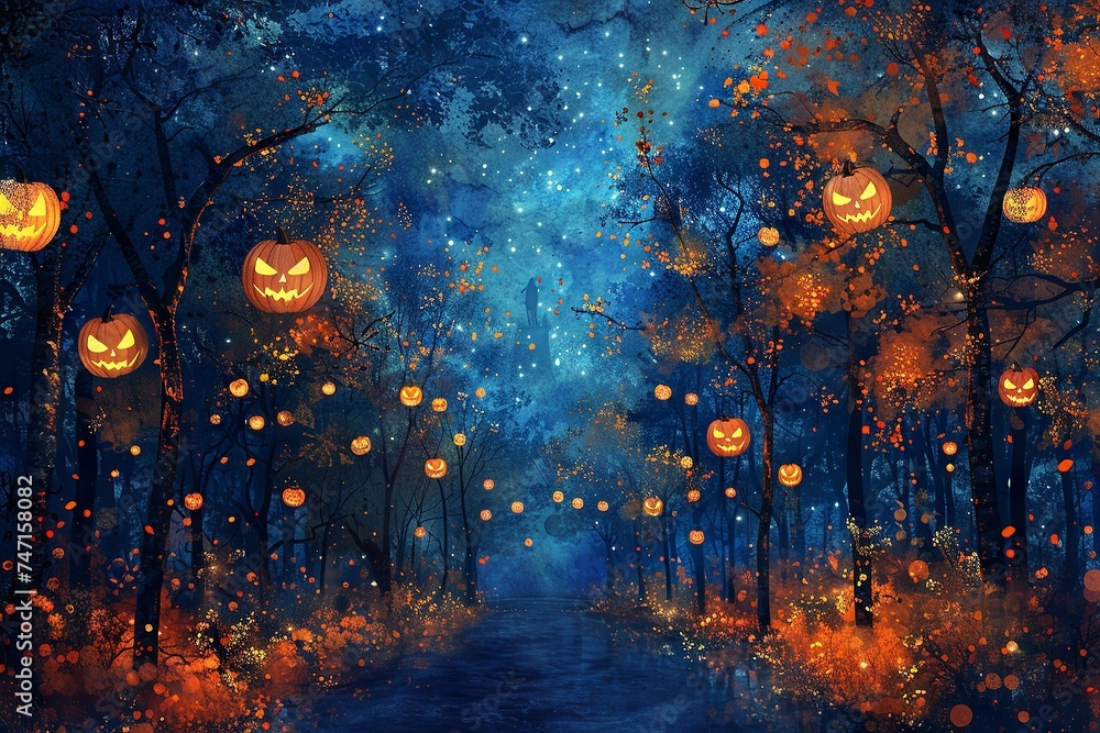 Halloween Pathway: Jack-o'-Lanterns Under Starry Sky Collage
Halloween Pathway: Jack-o'-Lanterns Under Starry Sky Collage