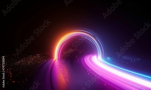 3d animation, abstract neon rainbow. Colorful glowing lines and laser rays appear on black background, Generative AI