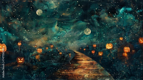 Halloween Pathway: Jack-o'-Lanterns Under Starry Sky Collage