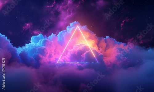 3d render, abstract background with cloud and neon triangular shape in the night sky. Stormy cumulus with glowing geometric frame, Generative AI