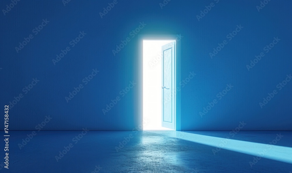 3d render, blue room, bright white light shining behind the opening door, flight forward, entering inside the doorway. Modern minimal concept. Opportunity, Generative AI 3d render, blue room, bright white light shining behind the opening door, flight forward, entering inside the doorway. Modern minimal concept. Opportunity, Generative AI