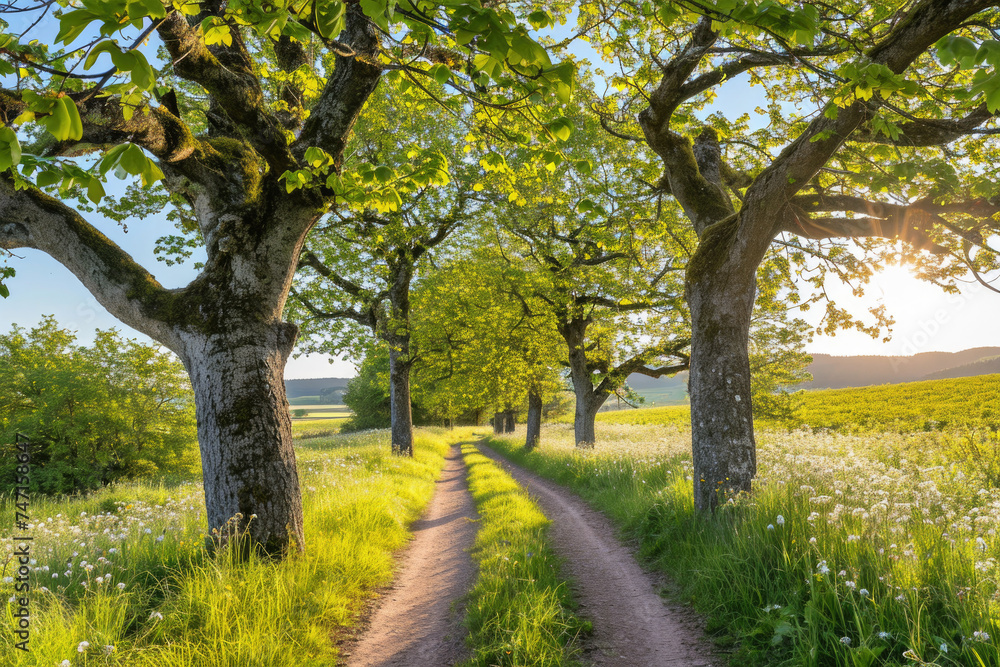 Naklejka premium Scenic view of dirt road in lush field, ideal for nature backgrounds