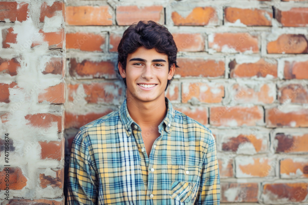 Young man standing in front of brick wall Young man standing in front of brick wall