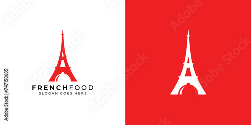Creative French Food Logo. Eiffel Tower and Serving Cover with Minimalist Style. Restaurant Logo Icon Symbol Vector Design Template.