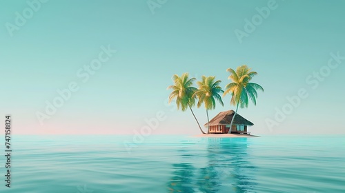 Small tropical island with palms and hut surrounded sea blue water. Scenery of tiny island in ocean. Concept of vacation, travel, nature, summer. Generative Ai