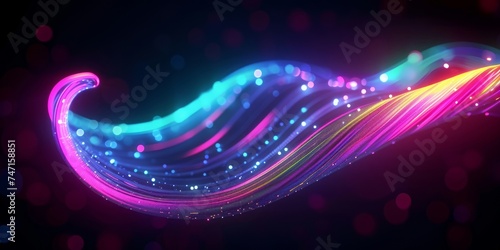 3d rendering, abstract background with unfocussed glowing neon wave, curvy lines and bokeh lights. Blurry colorful wallpaper, Generative AI photo
