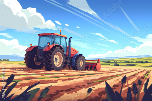 Red tractor parked in field