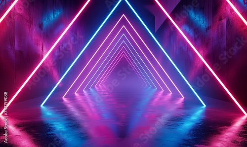 3d render, abstract neon background with colorful glowing lines, triangular geometric shape, empty stage, Generative AI