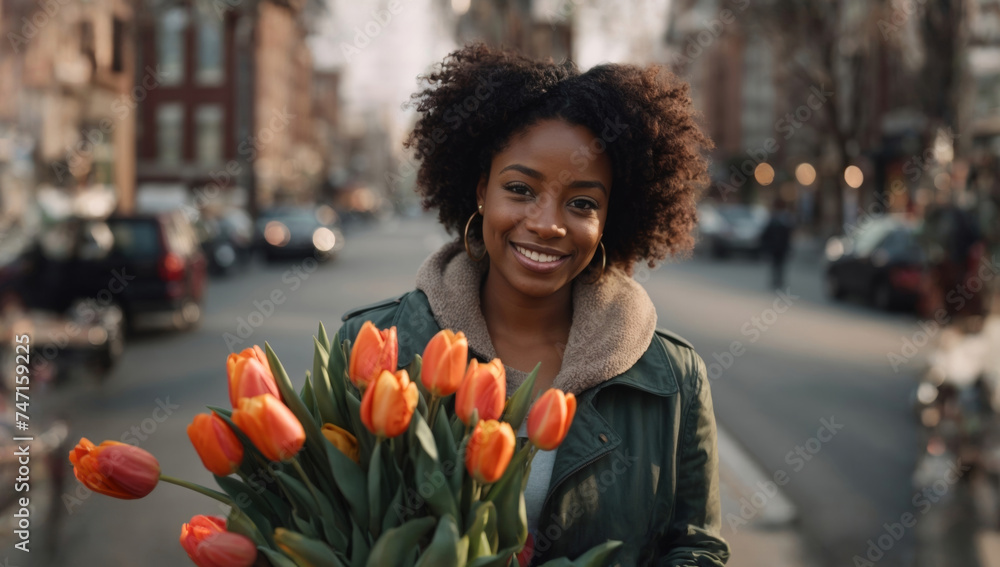 Fototapeta premium A smiling black, African, colored, African-American woman stands on the street with a bouquet of tulips.