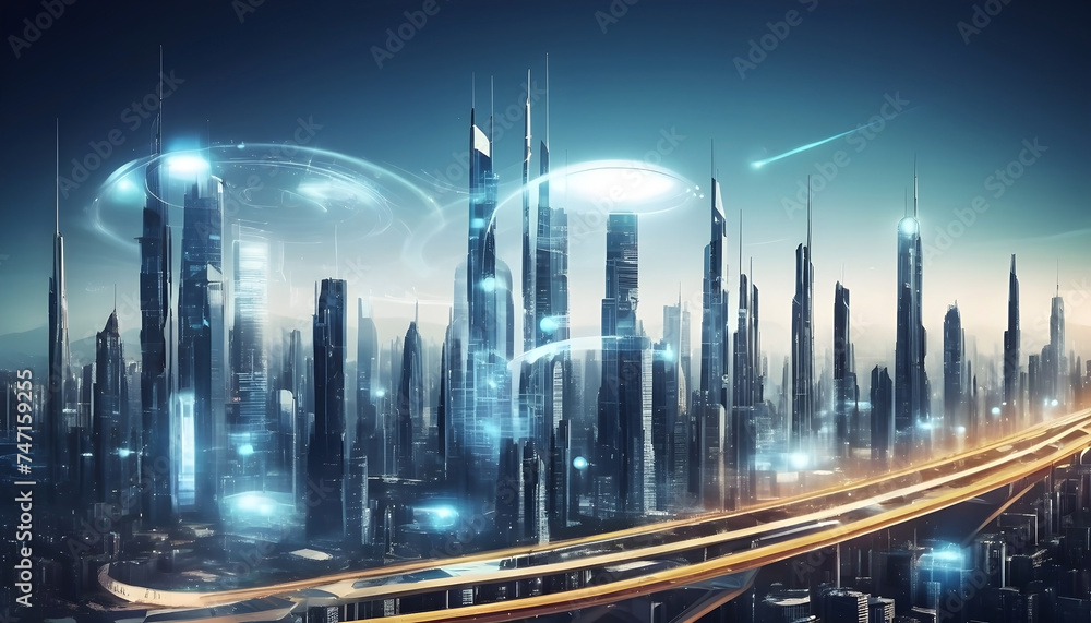 Fototapeta premium Modern city with sky scraper buildings and highways from above 3D imaginative rendering in night 