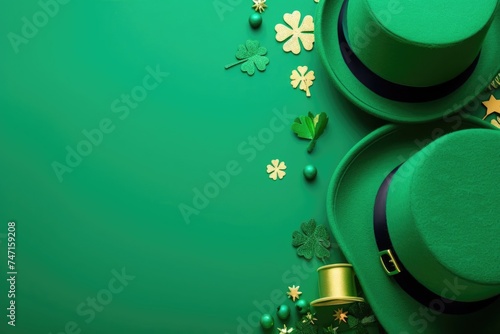Top view of green hats, shamrock and clover leaves on green color background flat lay