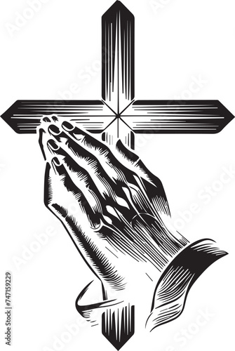 black and white tattoo design of  Christ cross and hand